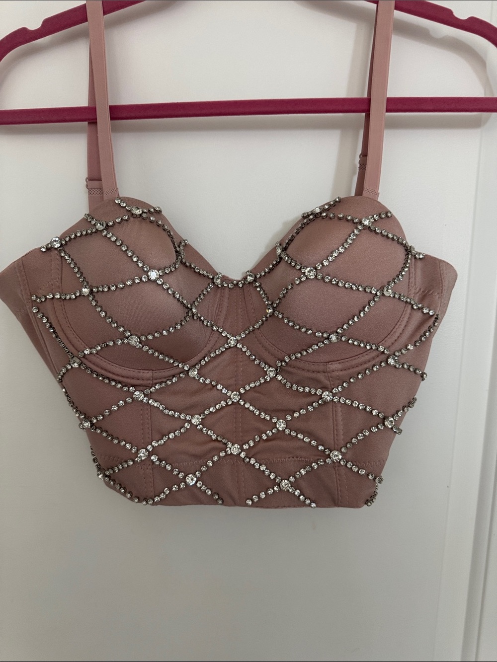 Fashion Nova Rhinestone Mesh Bustier Crop Top in Dusty Rose